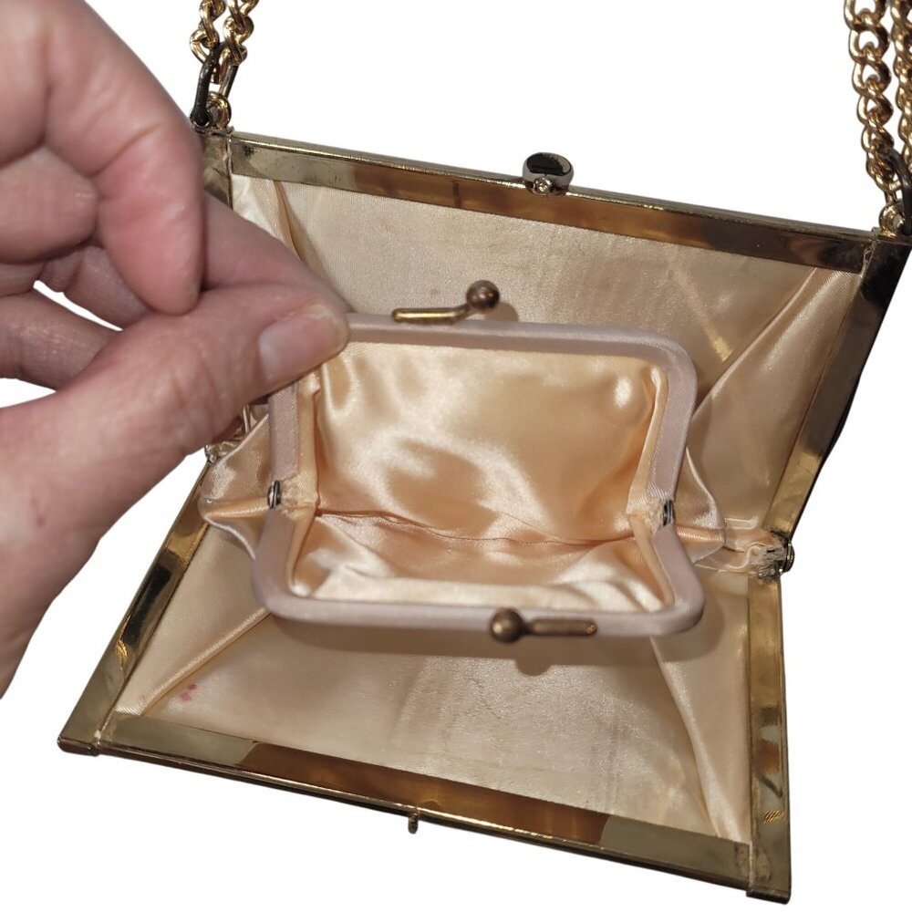 Vintage Gold Evening Bag With Chain Strap & Triangular Front Plate Satin Lined C - Picture 15 of 16